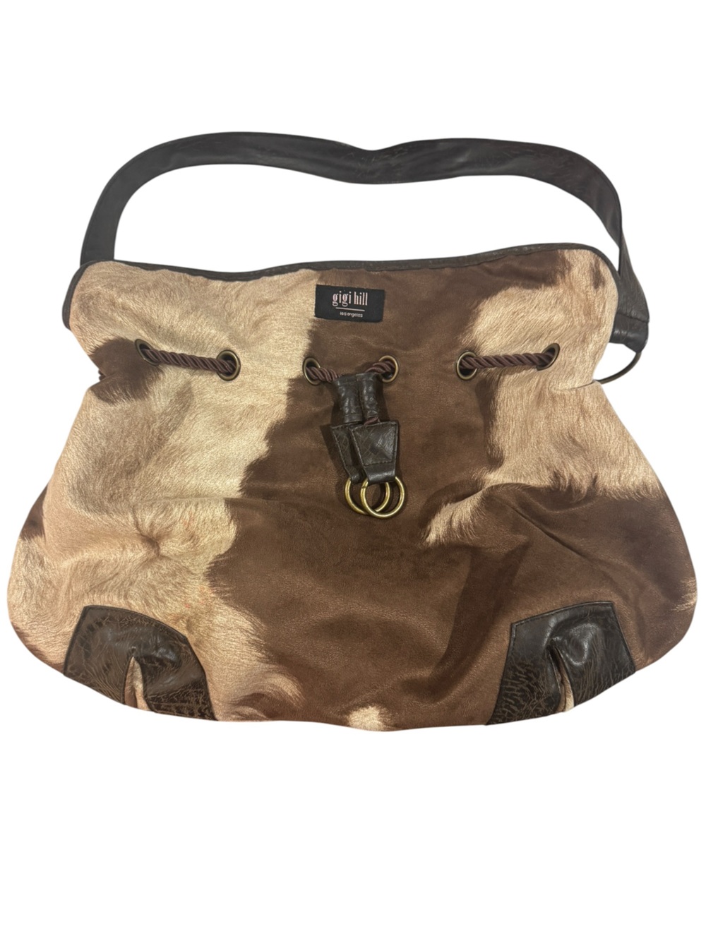 Gigi Hill Faux Cowhide Drawstring Shoulder Bag | Western Boho Tote Brown Cream